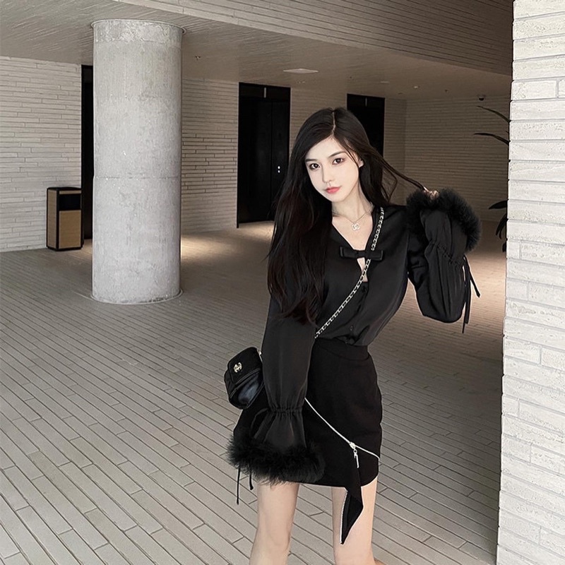ÁO SƠ MI LỤA NỮ PHỐI LÔNG VŨ ĐEN PHONG CÁCH SANG TRỌNG CHIC GIRL
