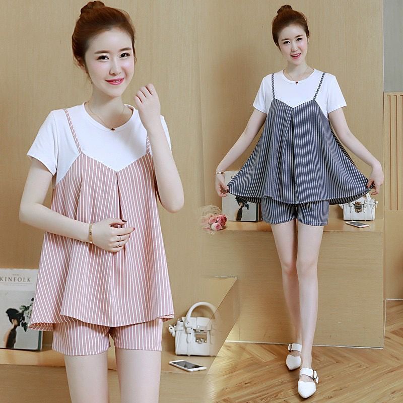 Bộ Áo Thun Ngắn Tay + Váy Yếm Thời Trang Mùa Hè Cho Mẹ Bầu