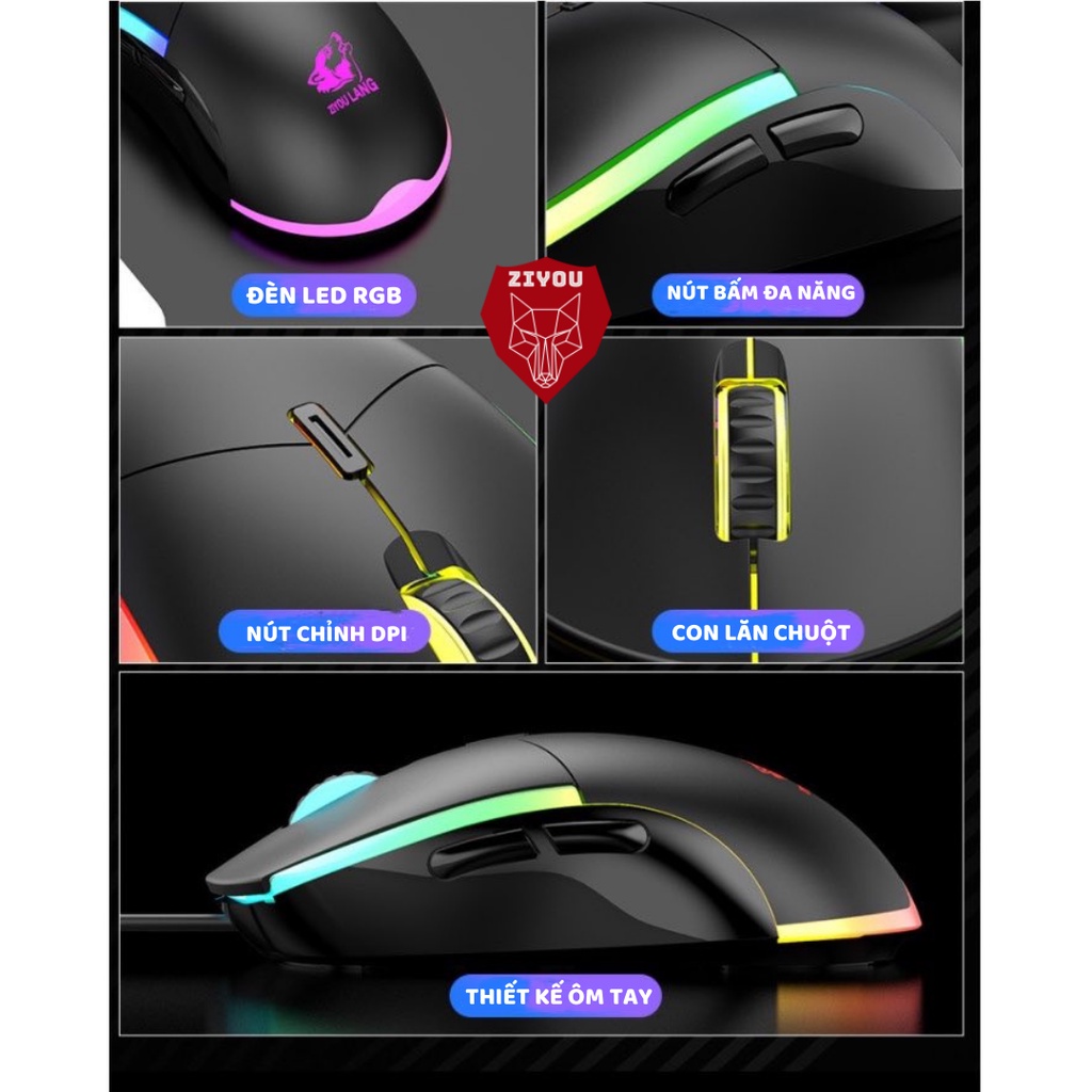 Chuột gaming có dây ZIYOU V7 có đèn led RGB cực đẹp, 3 chế độ dpi phù hợp dùng văn phòng, chơi game cực đã cho máy tính