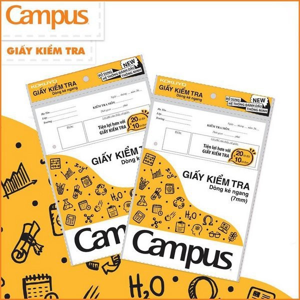 Tập giấy kiểm tra kẻ ngang có chấm Campus (20 tờ đôi + 10 tờ đơn) Chất lượng giấy tốt, ăn mực không nhoè, không gây loá