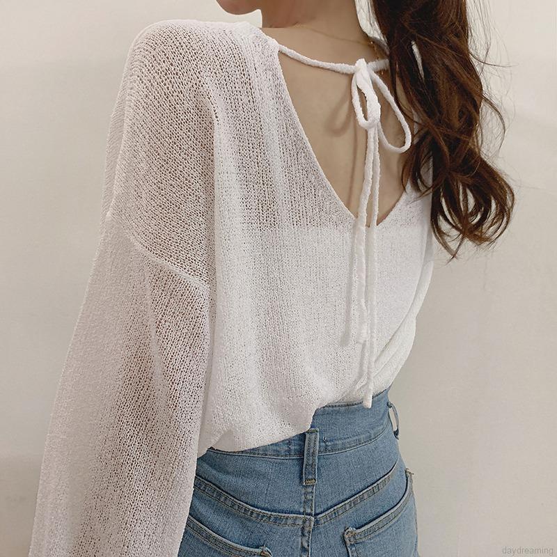 Áo Len Tay Dài Cổ Chữ V Hở Lưng Màu Trơn Thời Trang Mùa Thu Cho Nữ