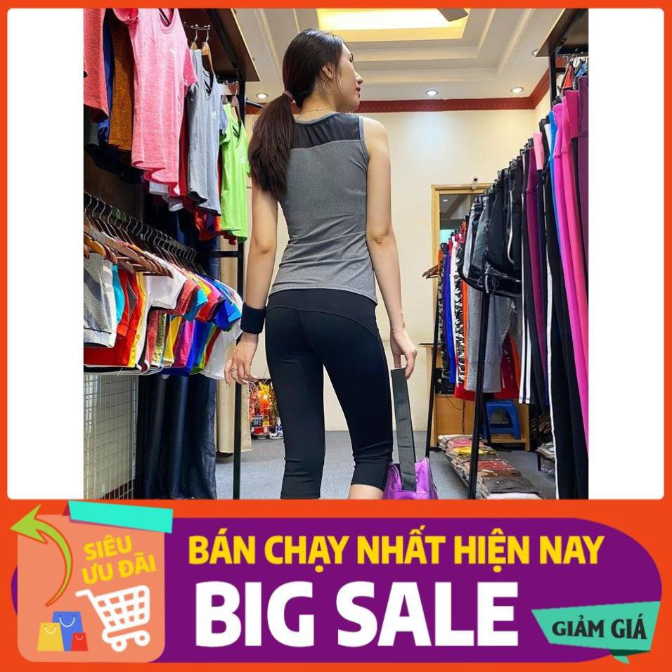 Set Bộ Đồ Tập Gym Yoga Aerobic Cho Nữ Đẹp, Cao Cấp, Big Size, Vnxk - Quần Lửng, Cạp Cao, Nâng Mông Áo Kín Bụng 3 Lỗ