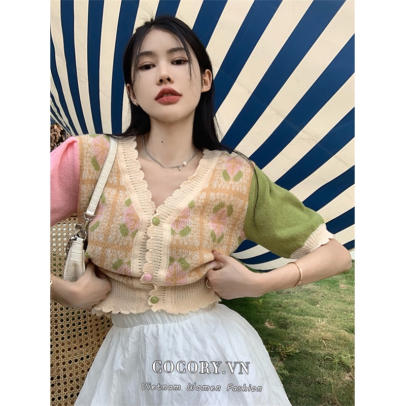 Cocory vn Áo Croptop Dệt Kim Tay Ngắn Cổ Chữ V Hoạ Tiết Hoa Thời Trang Mùa Hè