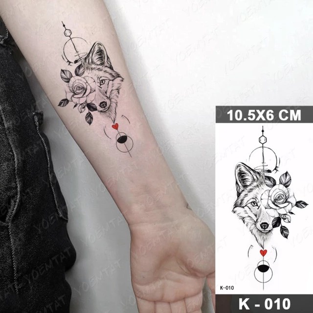 Hình xăm chó sói hoa hồng nhỏ k010- miếng dán tatoo tạm thời size &lt;10x6cm