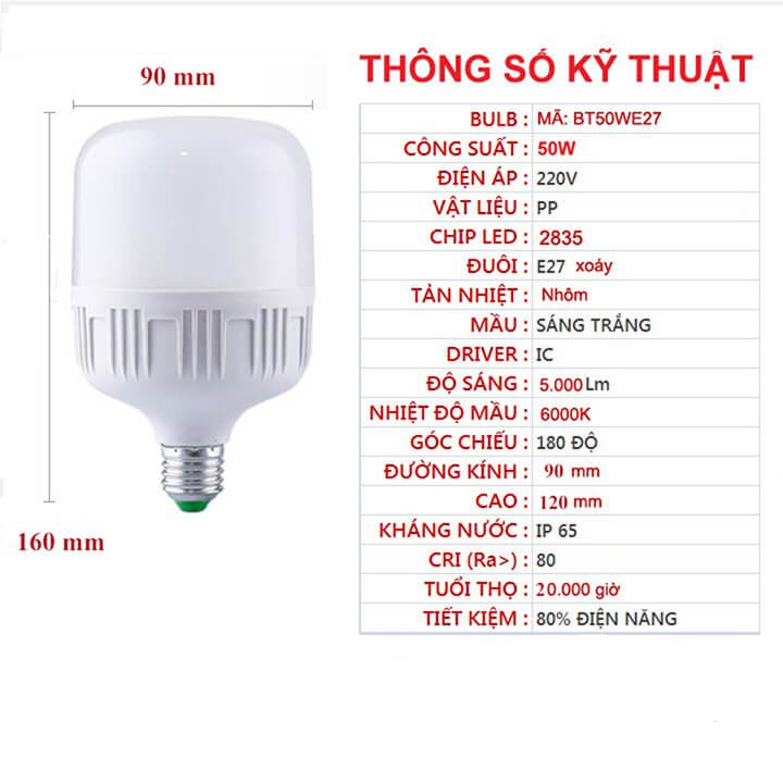 Bóng đèn led buld trụ tròn 50w siêu sáng tiết kiệm điện, chuôi xoắn E27 ánh sáng trắng