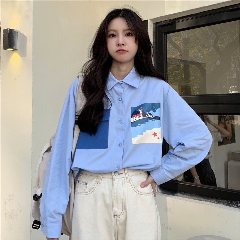 Áo sơ mi ZHELIHANGFEI tay dài form rộng màu xanh lam phong cách Preppy dễ phối đồ