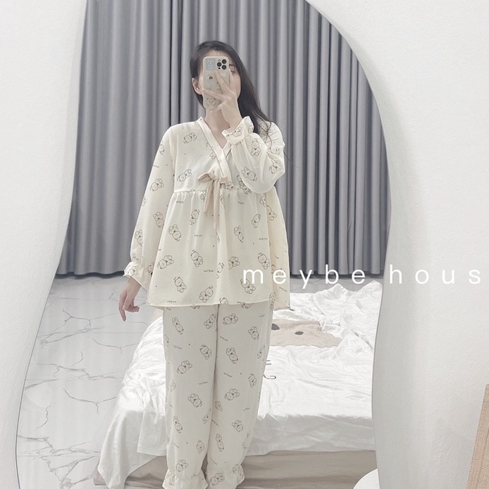 Bộ đồ bầu thu đông dài tay pijama sau sinh mặc ở nhà vải xốp nhăn thoáng mát SS8