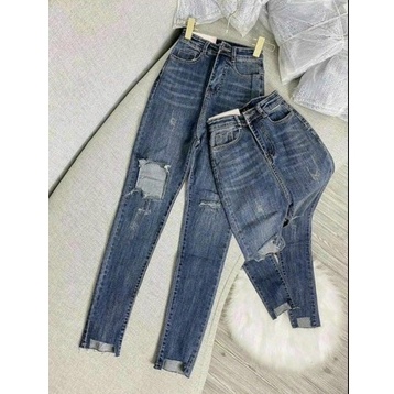 Quần jean dài rách ô vuông gối 1 bên cực hot , chất jean co giãn thoải mái ( ảnh thật )