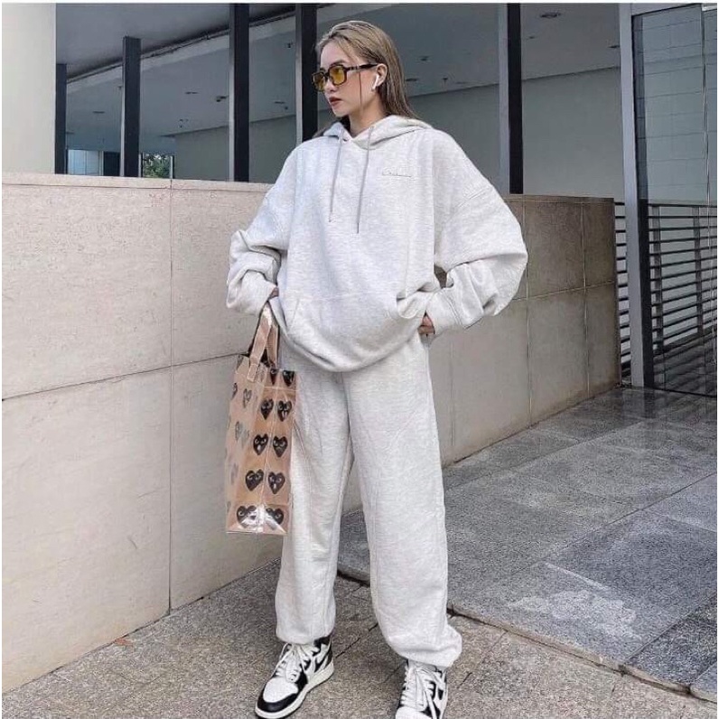 CẢ SET ÁO HOODIE NỈ + QUẦN JOGGER XÁM CHỮ NHỎ FORM RỘNG UNISEX