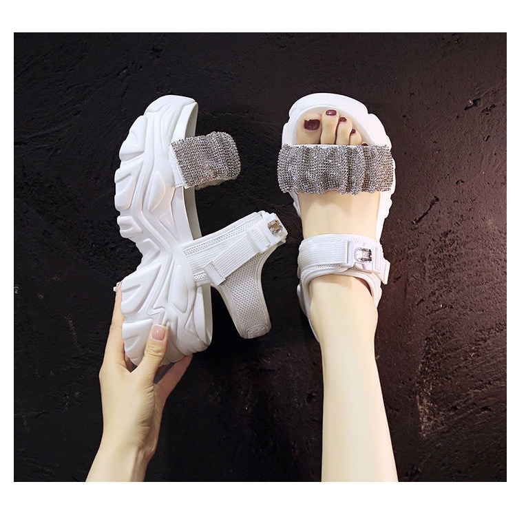 Giày Sandal Đế Dày Quai Dán Đính Đá Thời Trang Mùa Hè 2022 Cho Nữ