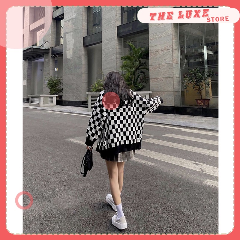 Áo cardigan len họa tiết sọc caro, Áo khoác len nữ thu đông form rộng 100% được may từ len mềm mịn phối màu đen trắng | BigBuy360 - bigbuy360.vn