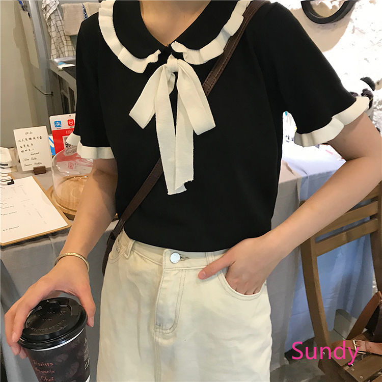 Áo Dệt Kim Tay Ngắn Dáng Rộng Phối Nơ Xinh Xắn Dành Cho Nữ