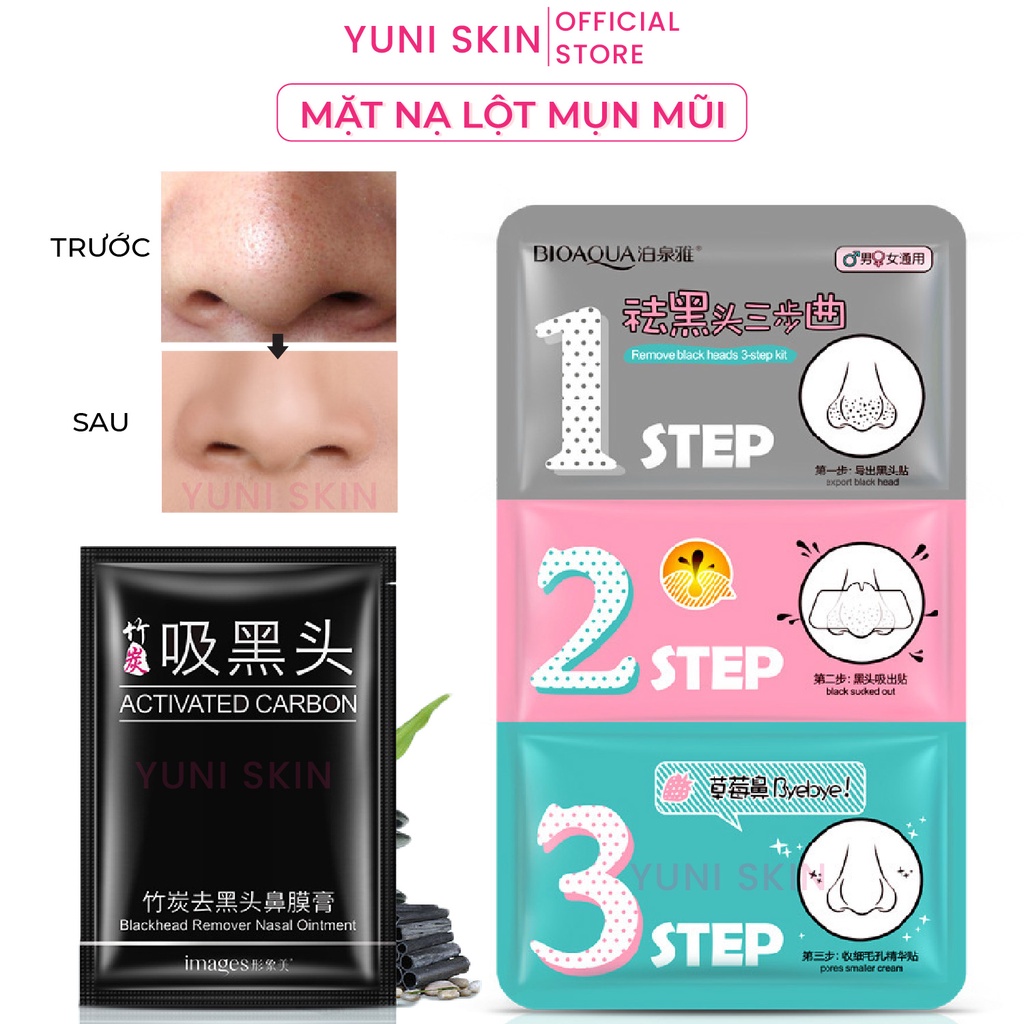 Mặt Nạ Lột Mụn Đầu Đen Mũi Set 3 Bước Mask Gel Than Hoạt Tính Bioaqua Dưỡng Da Mụn Nội Địa Trung YUNI SKIN