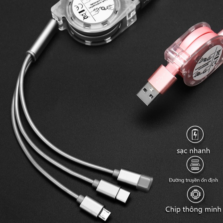 Cáp Đa Năng 3 Đầu Sạc Dây Rút YT 3 In 1 Y43 Sạc Nhanh 3A Micro USB, Type-C và lightning Siêu Bền Gọn Nhẹ Tiện Lợi