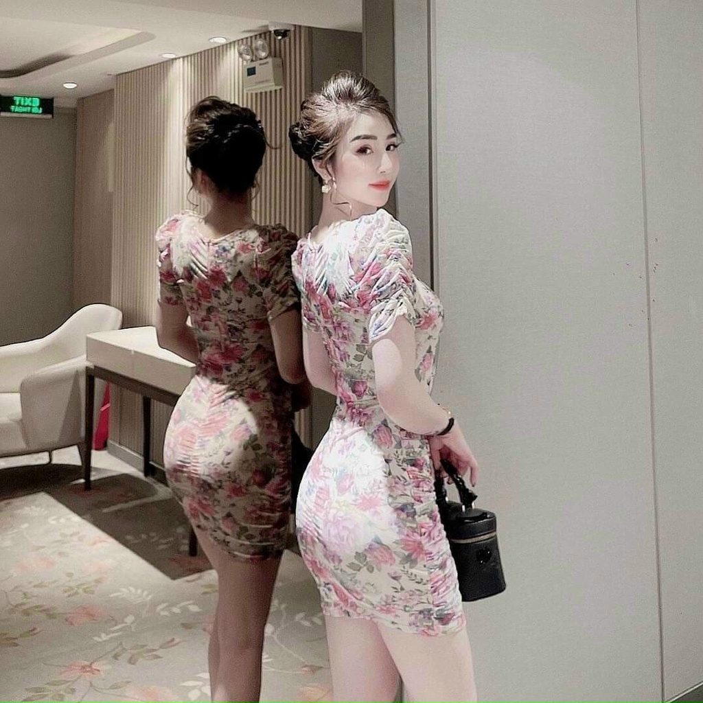 Đầm body tay ngắn họa tiết hoa lá fashionkenken