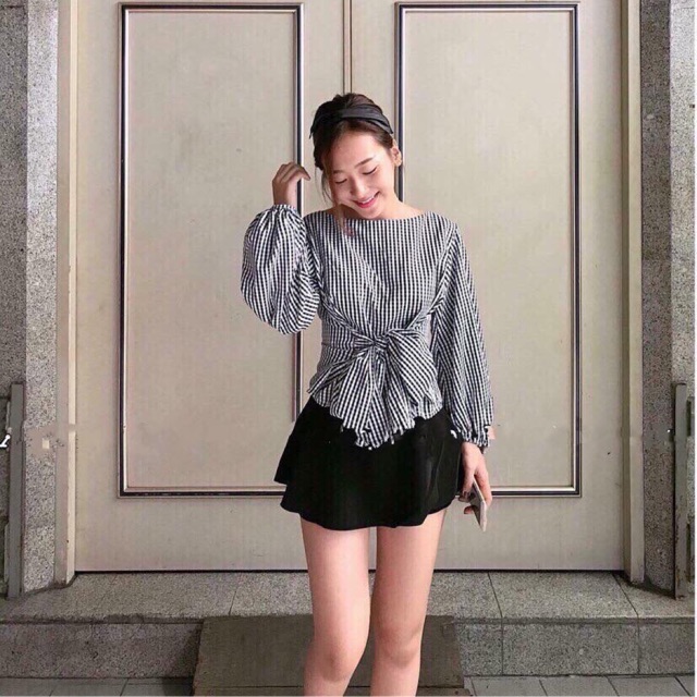 SET ÁO CARO NƠ EO TAY PHỒNG CỰC XINH