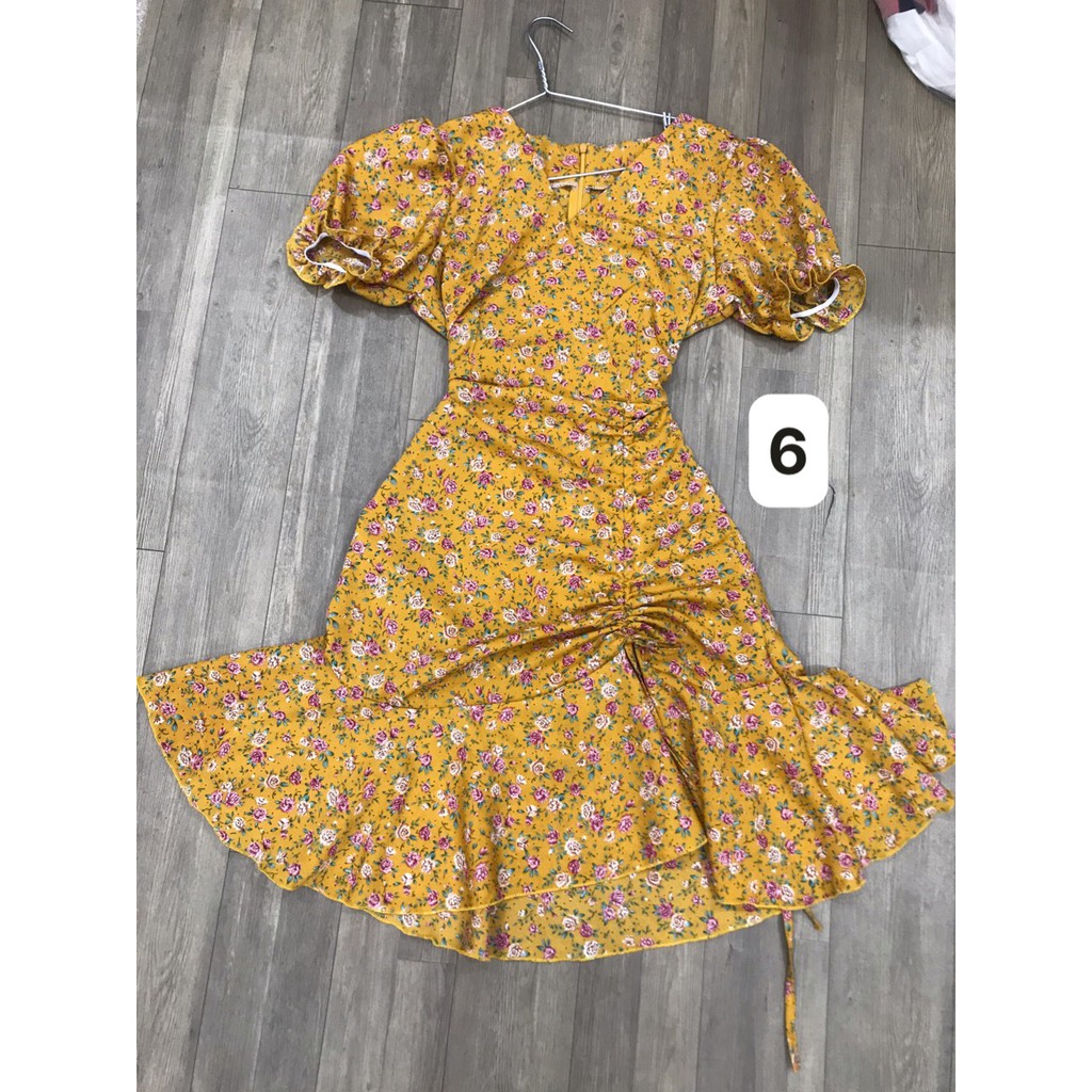 Đầm hoa tay ngắn cổ tim rút dây hông + Ảnh thật