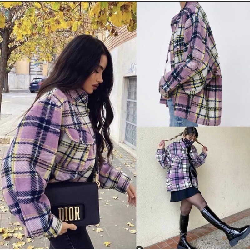 Áo khoác dạ kẻ ô hồng