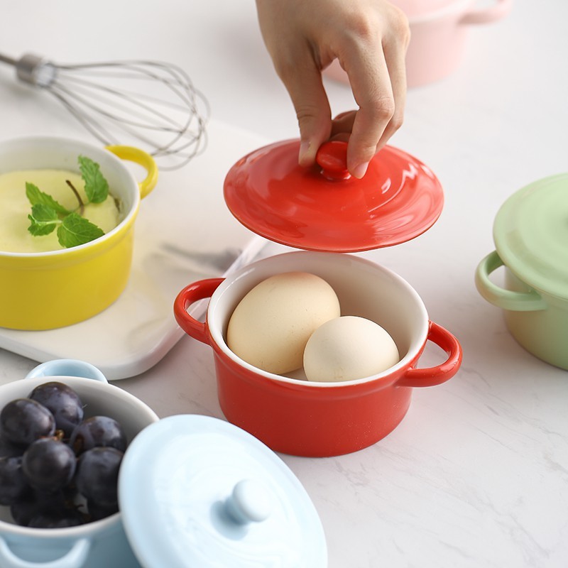 Bát sứ ăn dặm hình tròn 2 tai có nắp - Nhiều màu