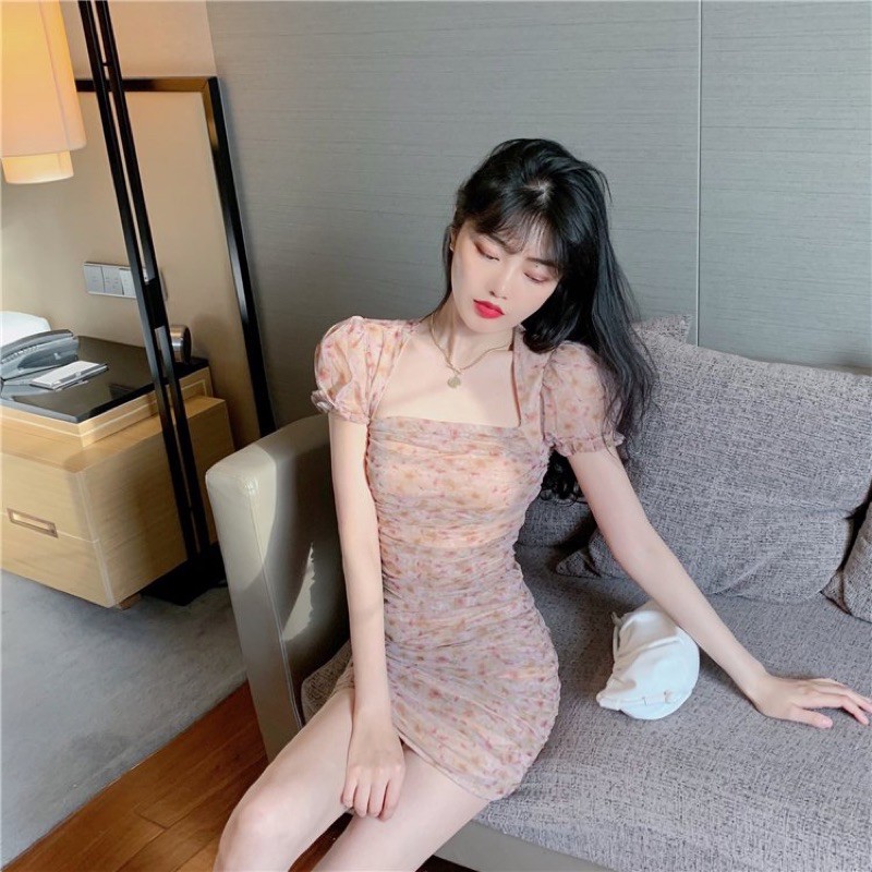 Đầm Body Voan Tay Phồng Nhún Eo Siêu Xinh 🧡Váy Body ôm