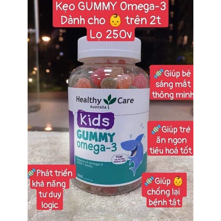 (Chuẩn Úc) Kẹo dẻo Gummy Omega-3 Healthy Care 250 viên, kẹo Gum bổ sung Omega 3 cho bé