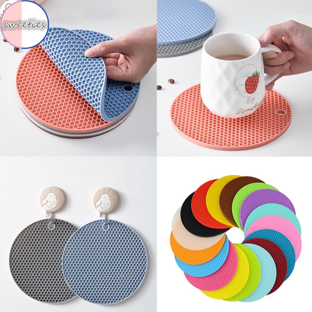 Set 2 miếng lót ly silicon hình tròn chống trượt kiểu dáng tổ ong cách nhiệt chống bỏng bảo vệ bàn an toàn