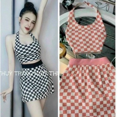 Set bộ nữ sọc caro áo thun yếm cổ dây dáng croptop phối chân váy ngắn hot