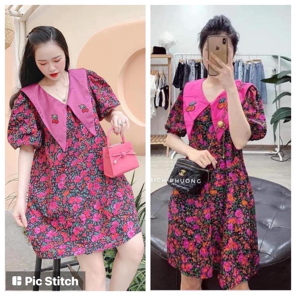 Đầm váy hoa nhí xoè cổ bẻ nhọn tay phồng đi chơi ,dự tiệc siêu xinh hàng quảng châu bao chất