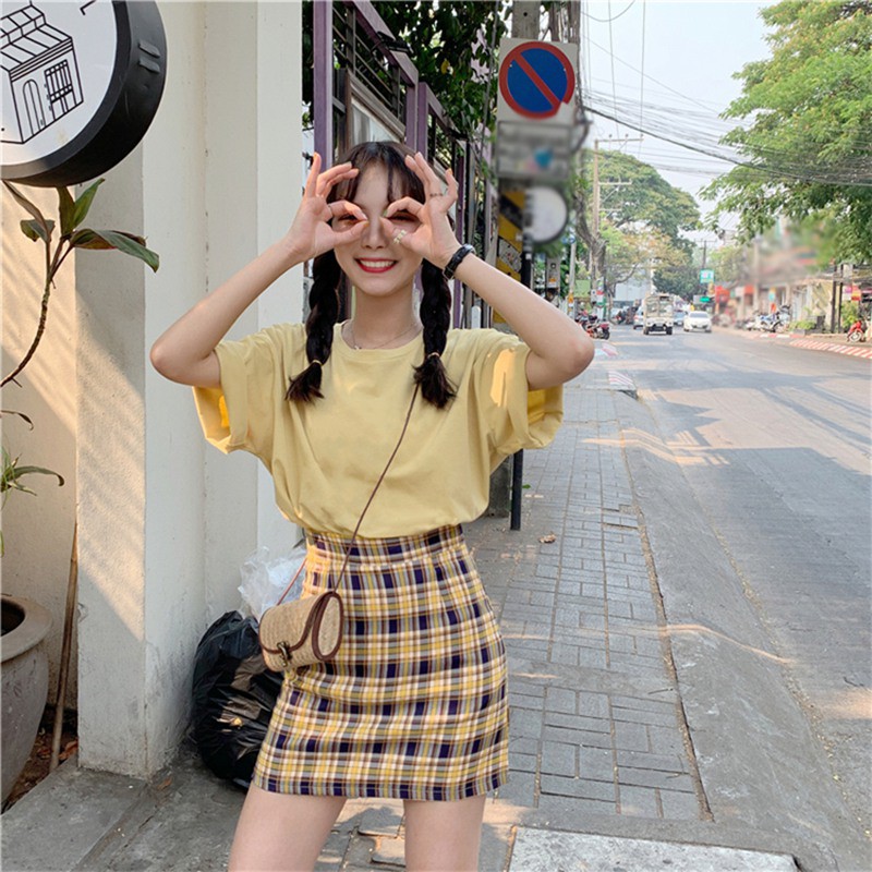 Women Fashion Stitching Color Lattice High Waist Skirt Slim A Line Skirt | BigBuy360 - bigbuy360.vn