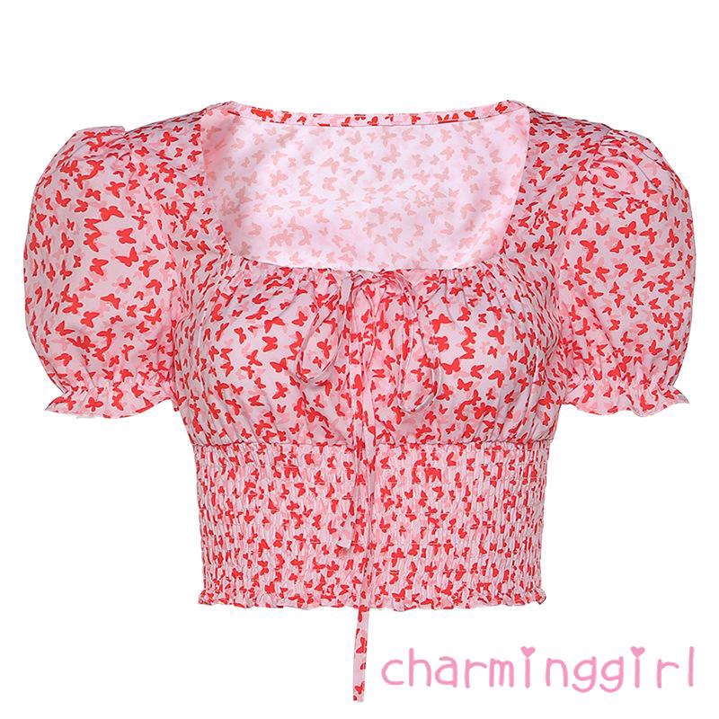 Áo thun cổ vuông tay phồng họa tiết hoa thanh lịch cho nữ