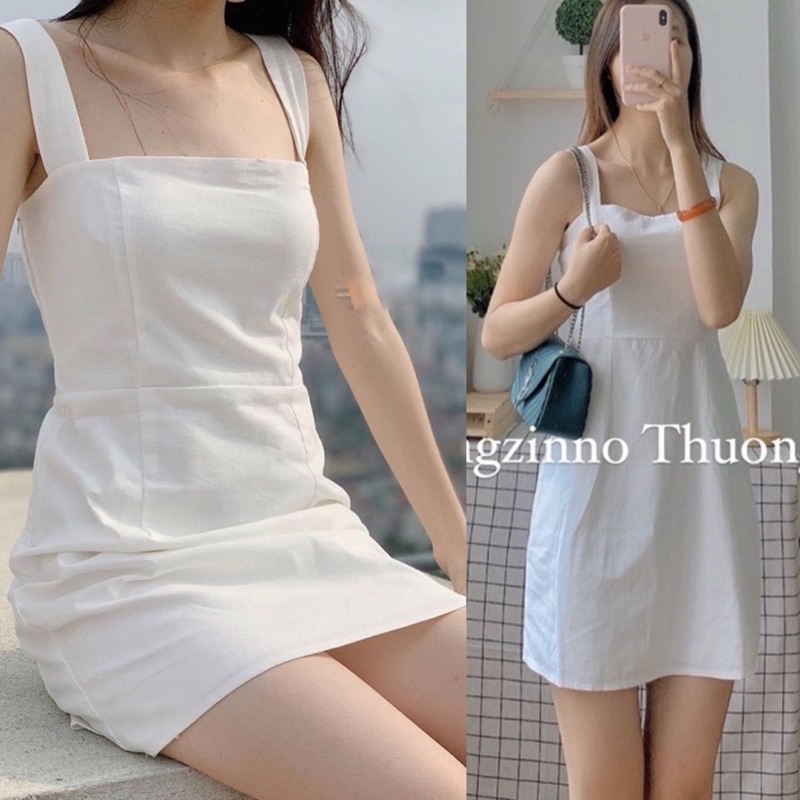 [Ảnh thật/Video]Vái hai dây bản to Tây Âu chất cực xinh và ôm dáng Đầm hai dây bản to Hàn Quốc