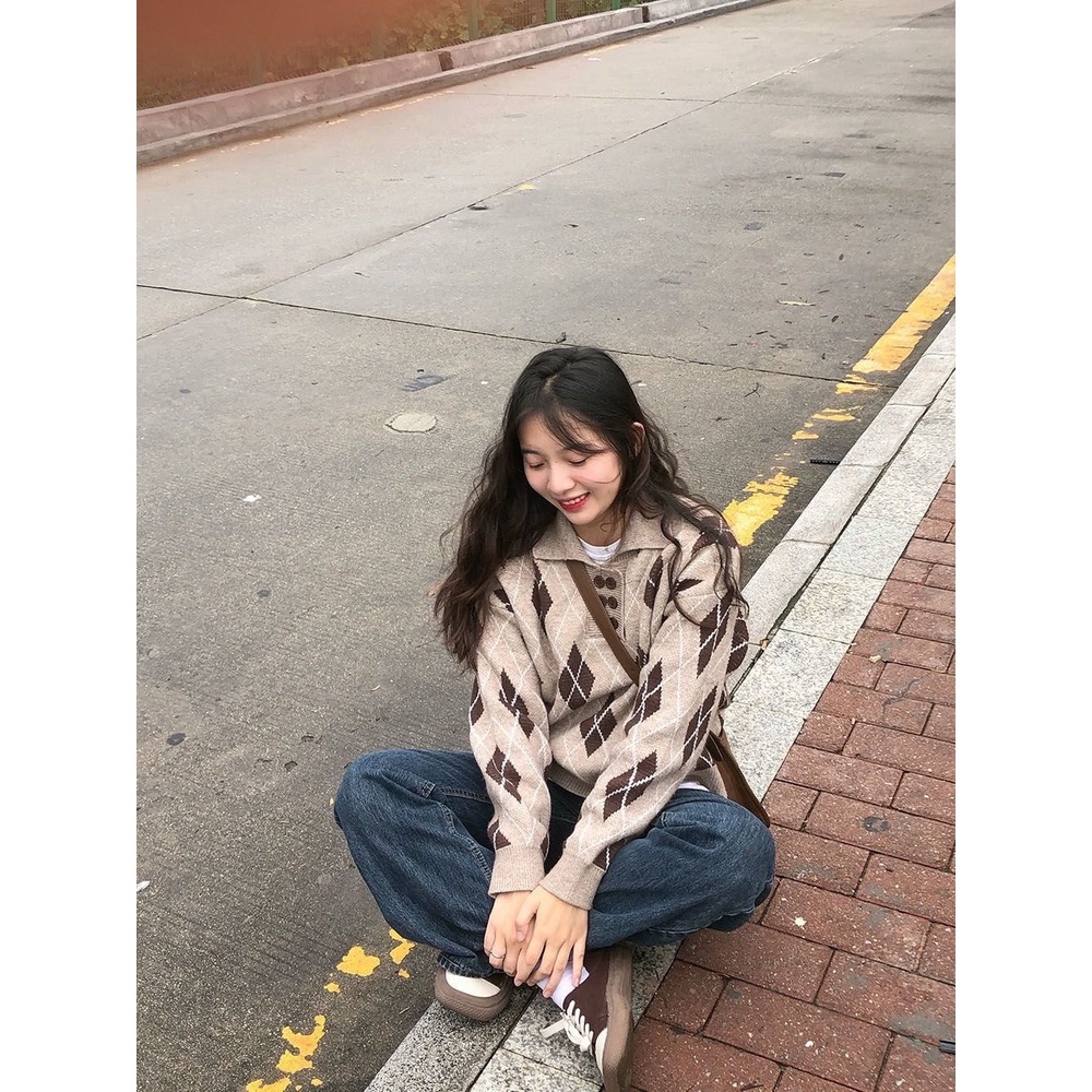 Áo Sweater Cổ polo Họa Tiết Hình Thoi Phong Cách Nhật Bản Thời Trang Thu Đông Cho Nữ