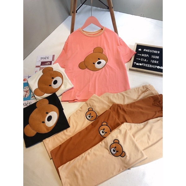 [Chuyên Sỉ] Bộ thun gấu thêu quần dài, chất thun đẹp hàng may kĩ, hình gấu thêu nổi sắc nét.