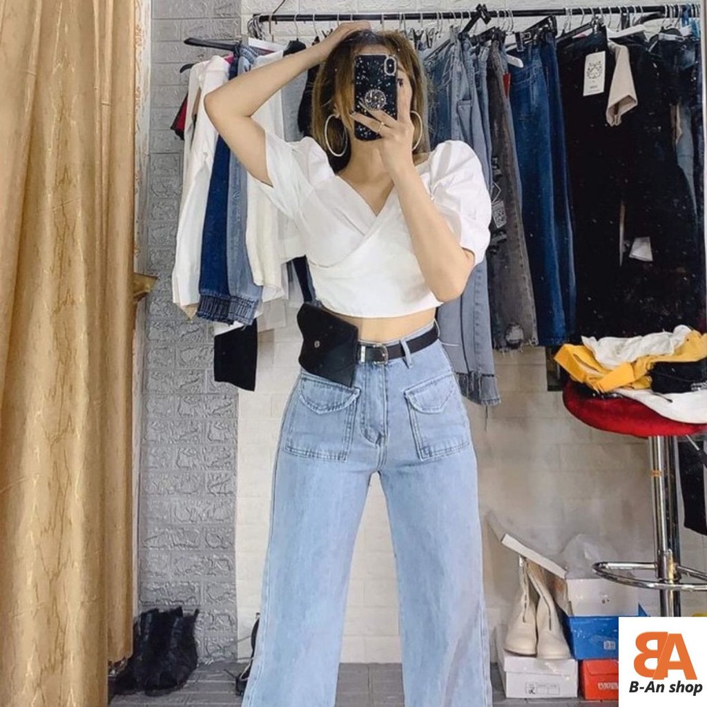 Áo croptop nữ kiểu cổ V đắp chéo tay phồng | BigBuy360 - bigbuy360.vn