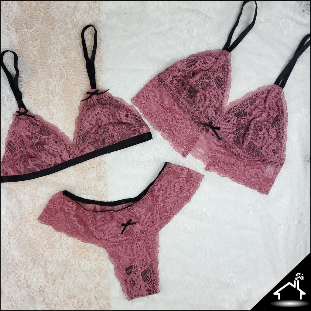 Bộ đồ lót ren không gọng mút vừa gợi cảm màu hoa hồng ruốc quần công chúa - Nội y sexy by NHÀ SÒ Bralette NS012
