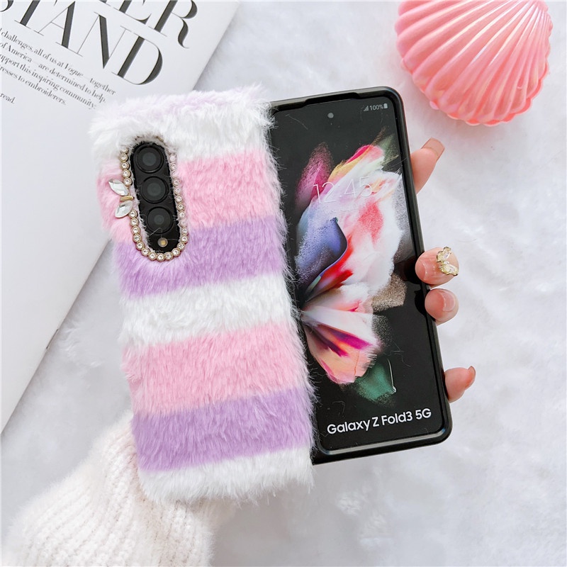 Ốp Lưng Bọc Lông Mềm Đính Hình Tai Thỏ Cho Điện Thoại Samsung Galaxy Z FOLD 3 4 5G