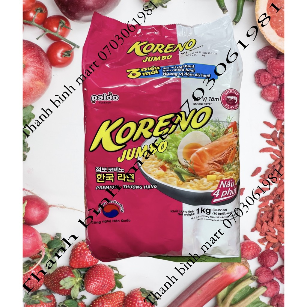 Mì Koreno Jumbo Hàn Quốc Bò Cay / Kim Chi / Gà / Tôm / Bịch 1kg (10gói x 100g)