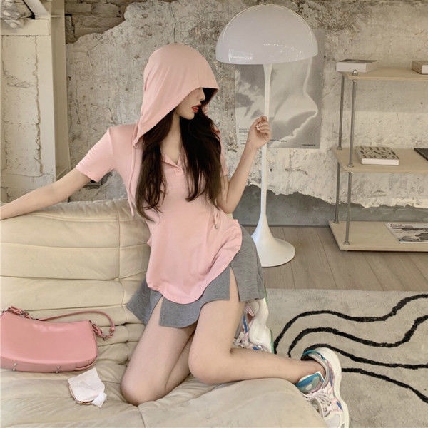 Áo Thun Tay Ngắn Có Nón Trùm Đầu Dáng Ôm Thời Trang Mùa Hè Phong Cách Hàn Quốc Cho Nữ