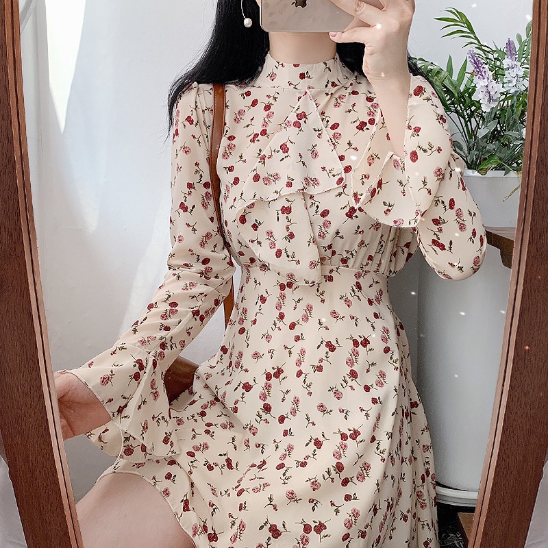 Váy voan lụa dáng xoè/Đầm hoa vintage kiểu Hàn Quốc