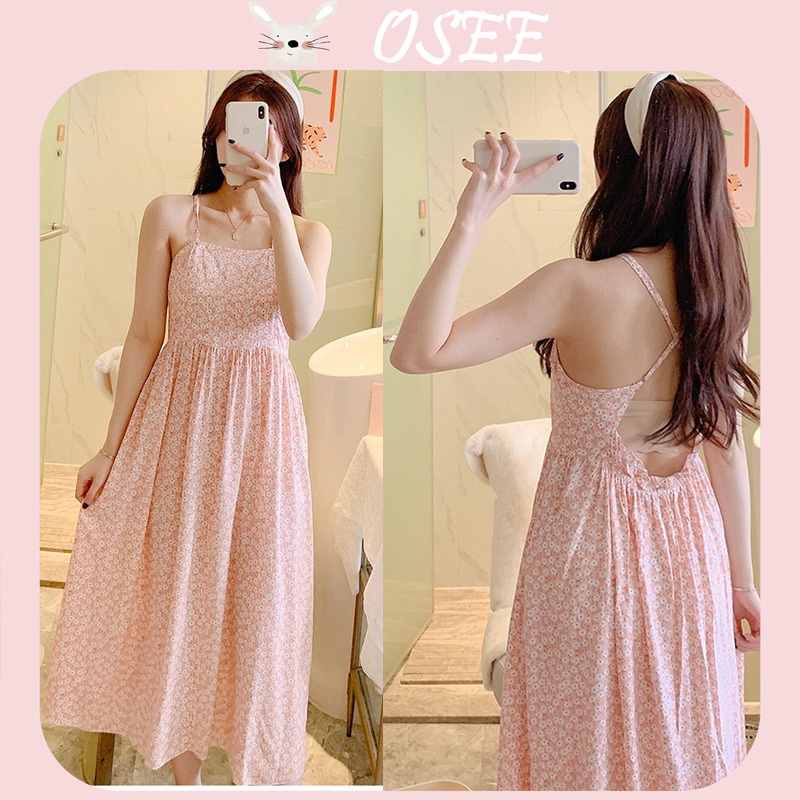 Đồ ngủ Hai Dây Dáng Dài Vải Lụa cotton Mỏng In Hoa Nhỏ Hở Lưng Gợi Cảm Thời Trang Xuân Hè Cho Bạn Gái