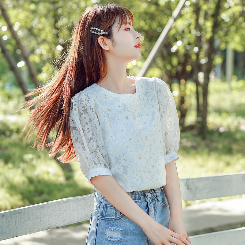 Korean Floral Print Cute Casual Blouse Women Summer Lantern Short Sleeve Top White | BigBuy360 - bigbuy360.vn