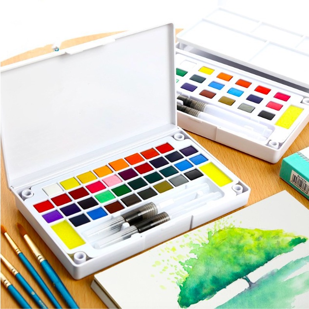 Bộ Màu Nước Solid Water Color 12/18/24/36 Màu Tặng 2 Bút Nước, 2 Mút, 1 Palette