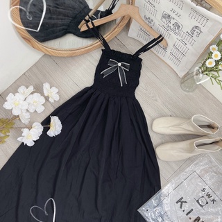 ĐẦM MAXI ĐEN NHÚN PHỐI NƠ 2 DÂY