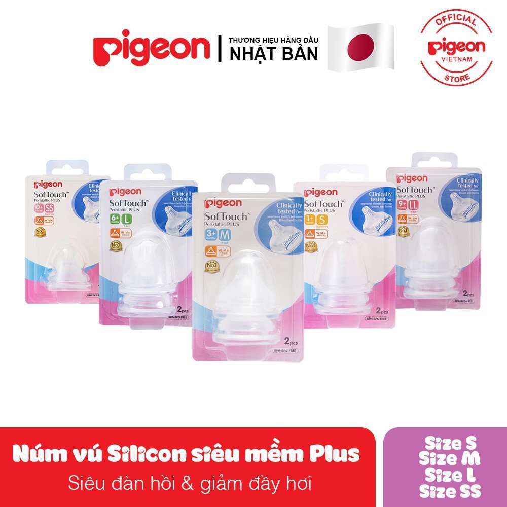 ☘️☘️ [QUÀ 20K]Núm Ty Pigeon Cổ Rộng,Núm Vú Giả Silicon Siêu Mềm,Núm Vú Cổ Rộng PIGEON PLUS Đủ Size S/M/L/LL,Tặng Cọ 20k