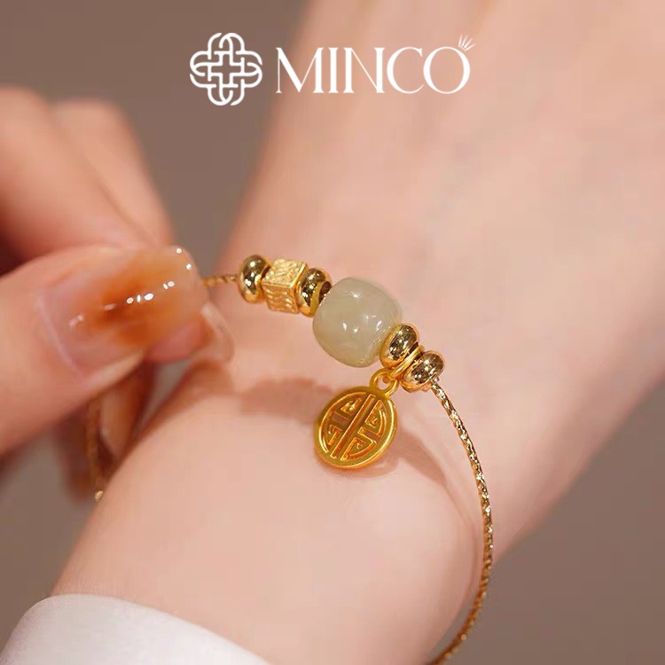 Lắc Tay nữ xinh mix charm chữ phúc màu vàng Minco Accessories Vòng tay nữ phong thủy mạ vàng VT36