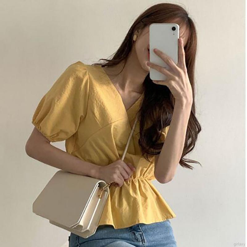 Áo kiểu tay ngắn cổ chữ V thời trang Hàn Quốc dành cho nữ