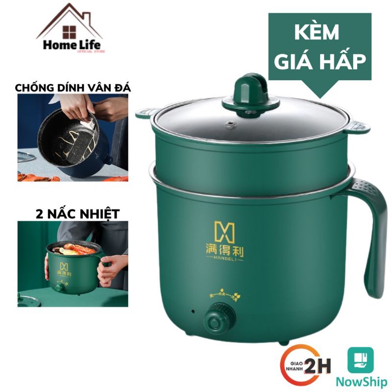 Nồi Lẩu Điện Mini,Nấu Mì 2 Tầng Kèm Giá Hấp Đa Năng(HOT 2021),Nướng, Luộc,Chiên Chống Dính Vấn Đá Tiện Lợi