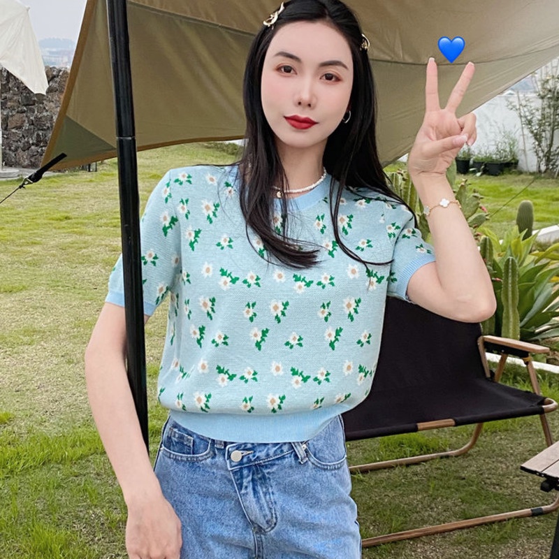 Áo Dệt Kim Tay Ngắn Họa Tiết Hoa Xinh Xắn 165826 Áo Cổ Tròn Phong Cách Retro Xinh Xắn Cho Nữ