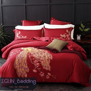 bô CÔNG UYÊN ƯƠNG set Chăn Ga Gối cưới  Lụa thêu cao  cấp