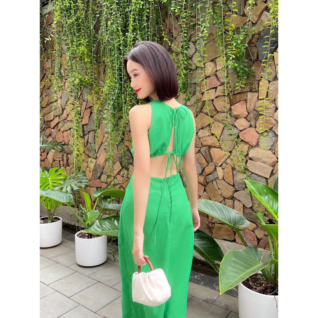 COLUS - Đầm linen cut-out xanh két